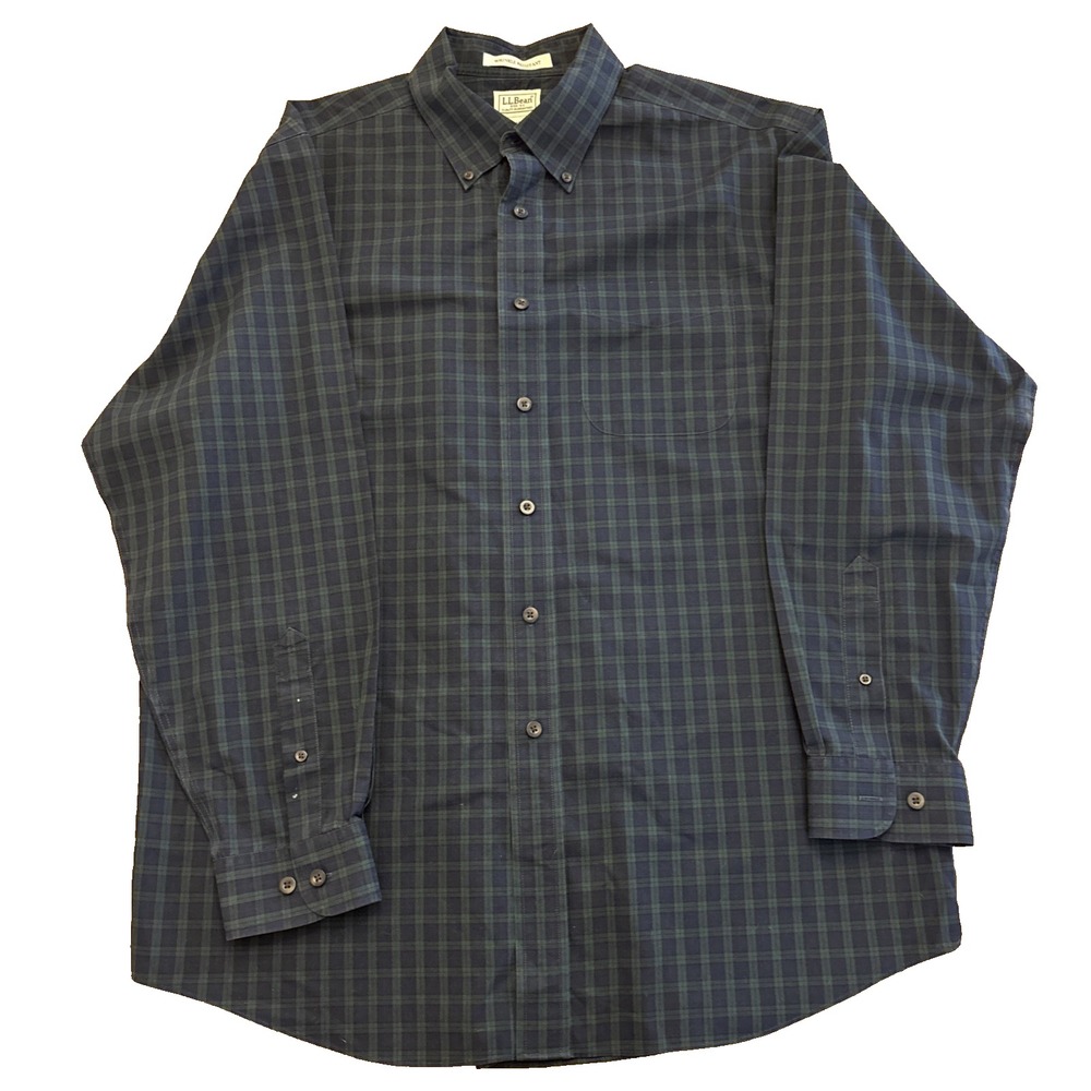 LLBean Shirt Mens‎ Large Green Blue Tartan Plaid Button Down Traditional Fit
